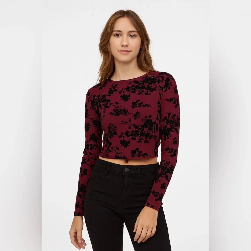 Deep Burgundy Crop Top with Black Floral Burnout Pattern